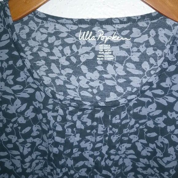 Ulla Popken L Long Sleeved Smocked Navy Leaf Tunic Top - Picture 5 of 8